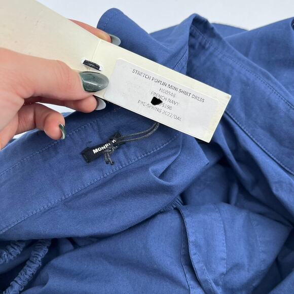 MONROW Stretch Poplin Mini Shirt Dress French Navy Off Shoulder Medium NEW - Picture 10 of 11